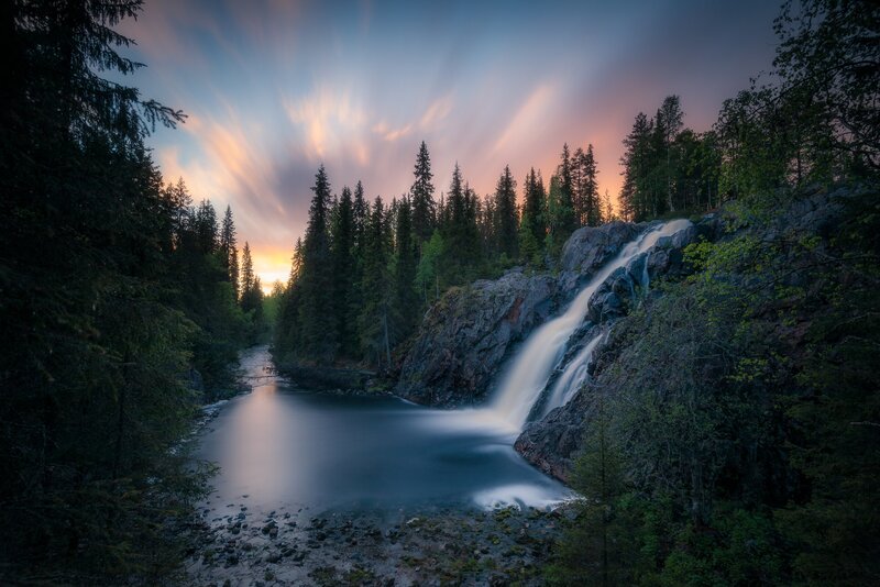 Waterfall in Forest — Blue, Serene, Sunset, Photograph, River, Trees, Sky