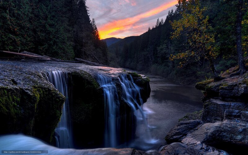 Waterfall in Forest — Blue, Serene, Sunset, Photograph, River, Trees