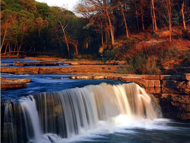 Waterfall in Forest — Blue, Serene, Sunset, Photograph