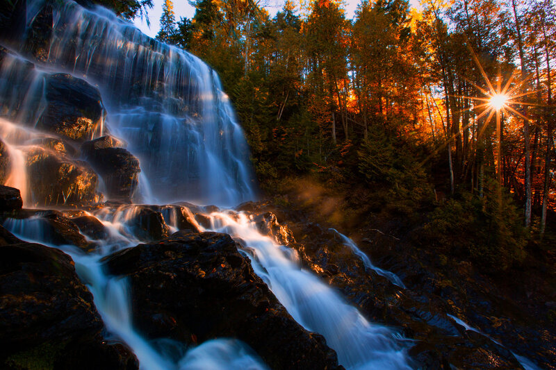 Waterfall in Forest — Blue, Serene, Sunset, Photograph, Trees
