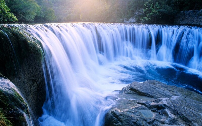 Waterfall in Forest — Blue, Serene, Sunset