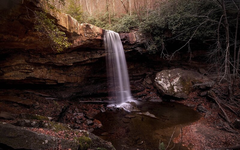 Waterfall in Forest — Brown, Serene, Autumn, Photograph, Rocks, Pool