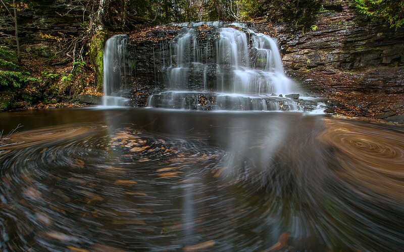 Waterfall in Forest — Brown, Serene, Autumn, Photograph, Trees