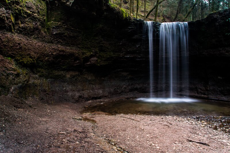 Waterfall in Forest — Brown, Serene, Photograph, Pool