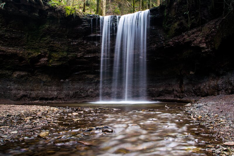 Waterfall in Forest — Brown, Serene, Photograph
