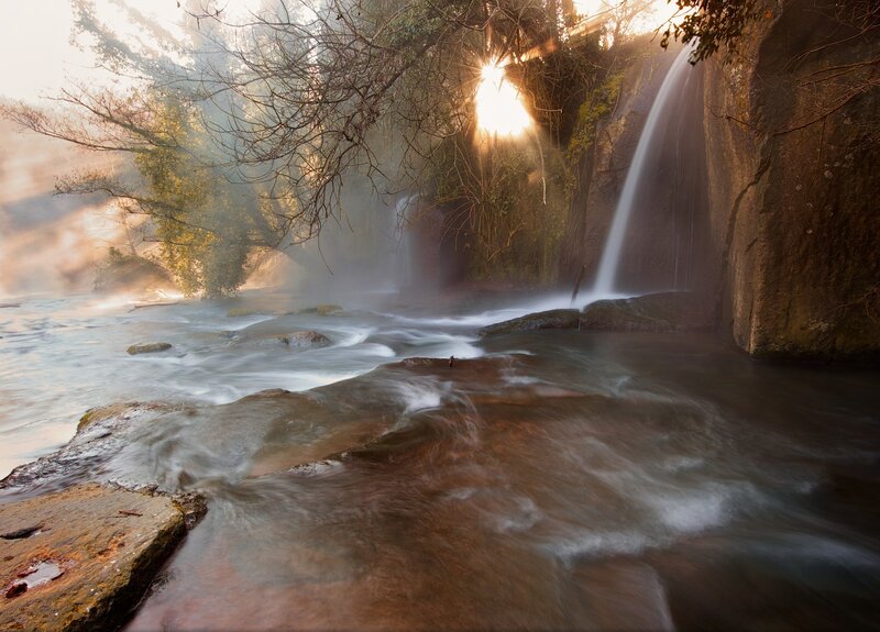 Waterfall in Forest — Brown, Serene, Sunset, Photograph