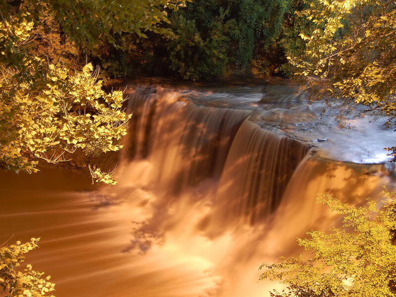 Waterfall in Forest — Brown, Serene, Sunset, Photograph, Trees