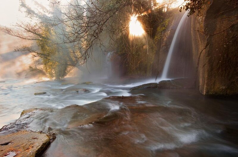 Waterfall in Forest — Brown, Serene, Sunset