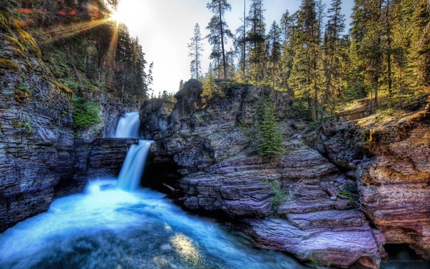 Waterfall in forest canyon
