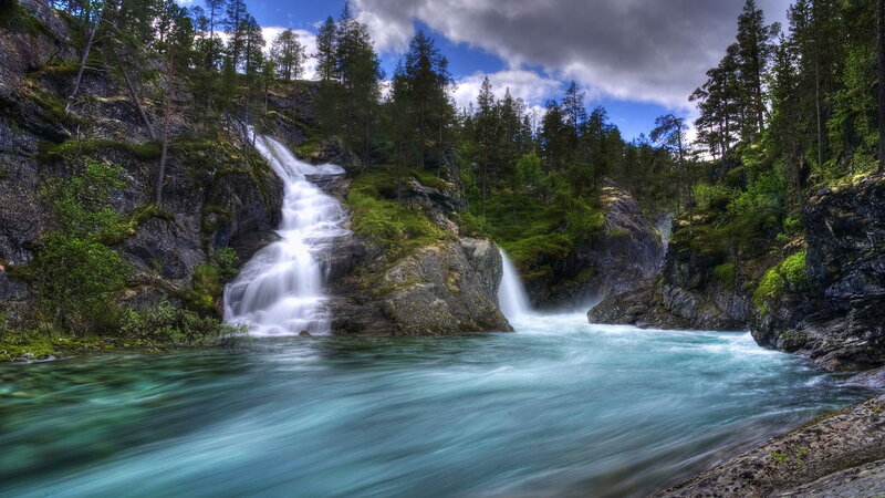 Waterfall in Forest Canyon — Blue, Dramatic, Afternoon