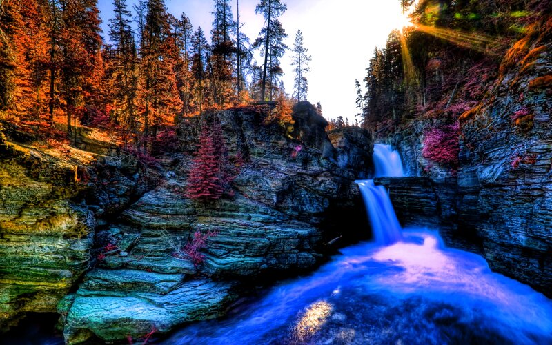 Waterfall in Forest Canyon — Blue, Dramatic