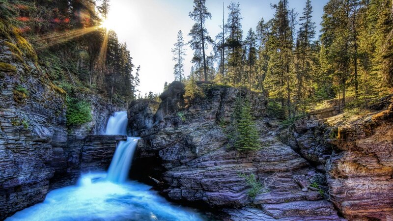 Waterfall in Forest Canyon — Blue, Serene, Morning