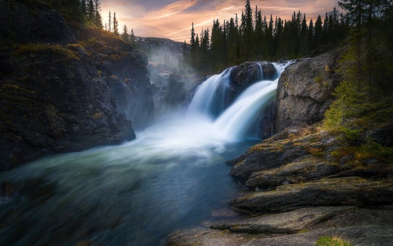 Waterfall in Forest Canyon — Blue, Serene, Sunset