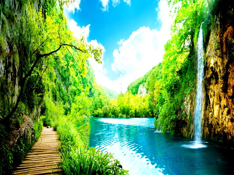 Waterfall in Forest Canyon — Blue, Serene