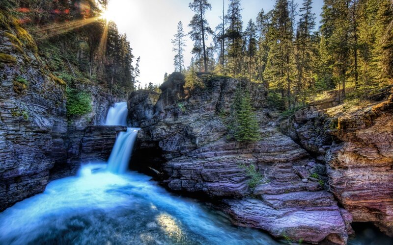 Waterfall in Forest Canyon — Blue