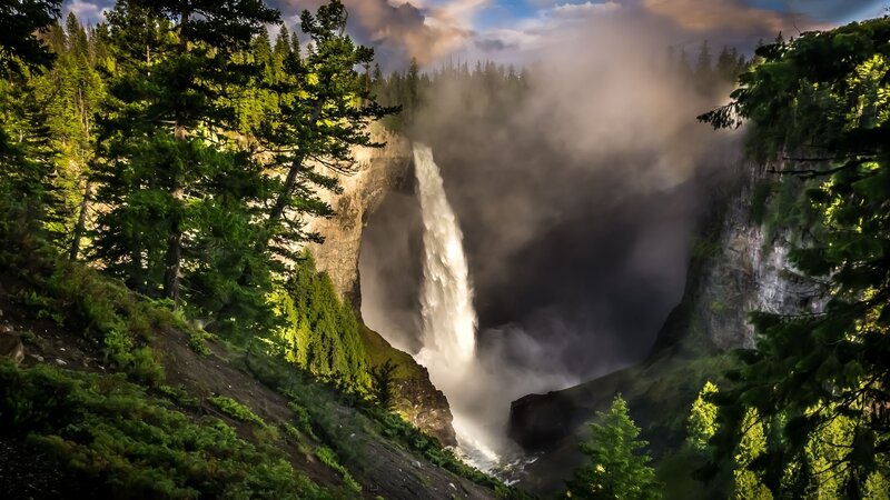 Waterfall in Forest Canyon — Green, Dramatic, Afternoon, Photograph