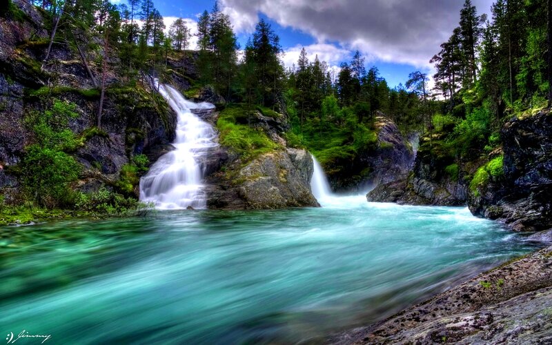 Waterfall in Forest Canyon — Green, Dramatic, Afternoon, Photograph, Trees