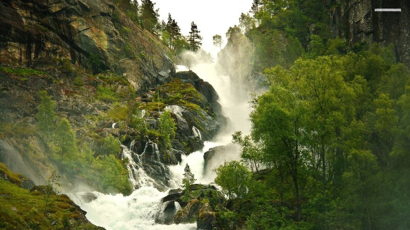 Waterfall in Forest Canyon — Green, Dramatic, Photograph