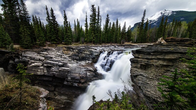 Waterfall in Forest Canyon — Green, Dramatic, Photograph, Trees, Mountain