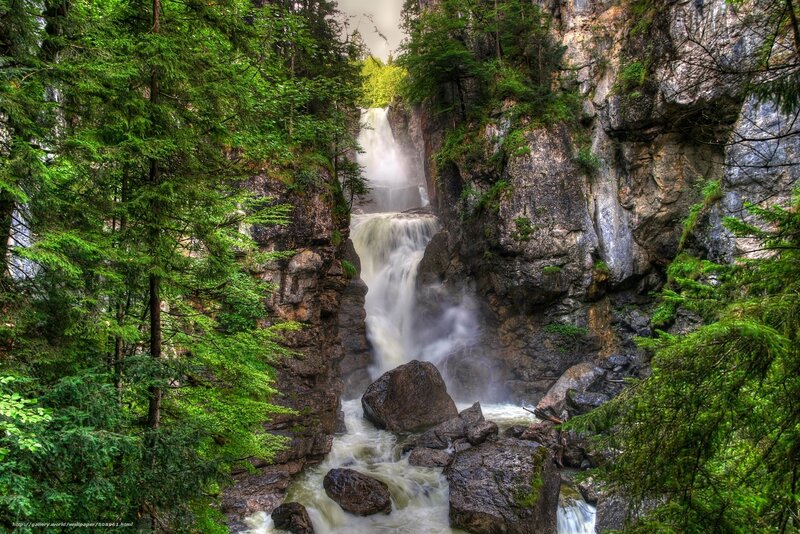 Waterfall in Forest Canyon — Green, Dramatic, Photograph, Trees