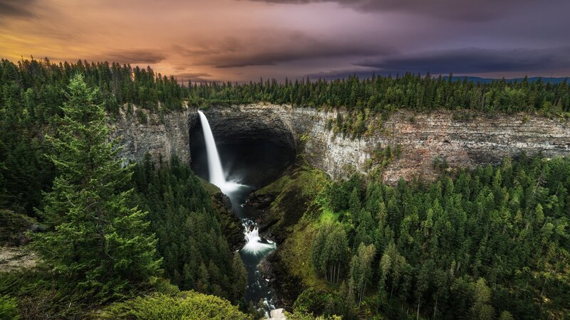 Waterfall in Forest Canyon — Green, Dramatic, Sunset, Photograph, Cliff