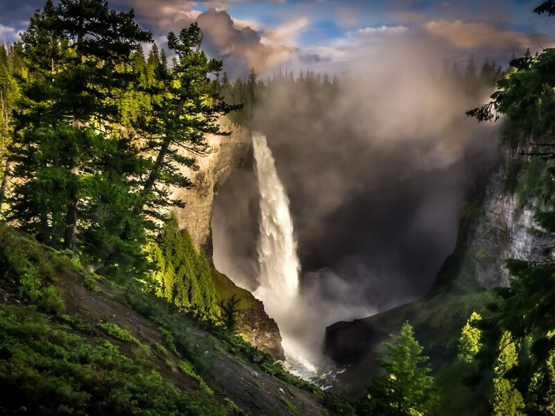 Waterfall in Forest Canyon — Green, Dramatic, Sunset, Photograph, Trees, Mist, Cliffs