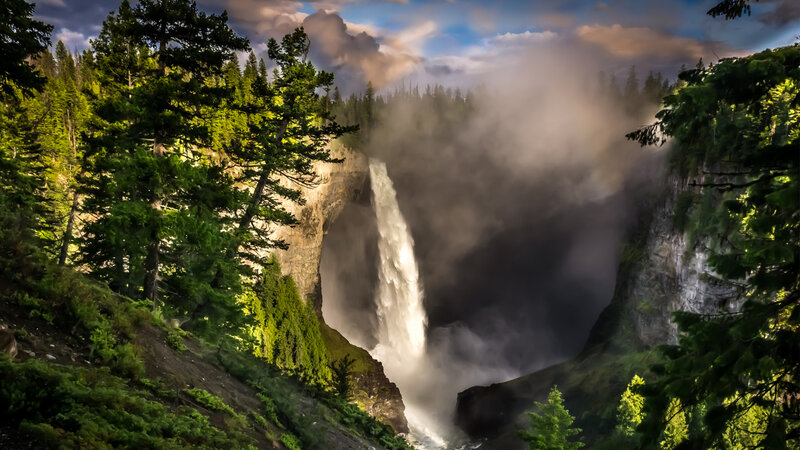 Waterfall in Forest Canyon — Green, Dramatic, Sunset, Photograph, Trees, Mist