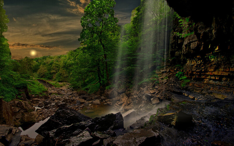Waterfall in Forest Canyon — Green, Dramatic, Sunset, Photograph, Trees, Rocks, River