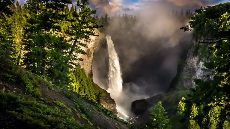 Waterfall in Forest Canyon — Green, Dramatic, Sunset, Photograph, Trees
