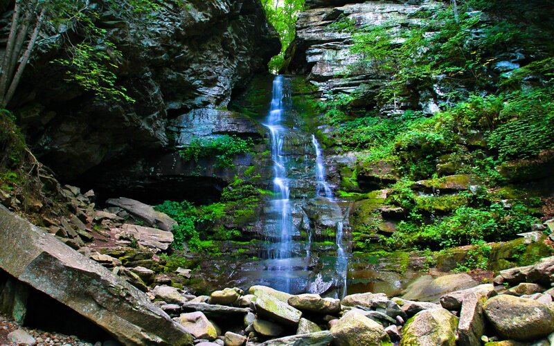 Waterfall in Forest Canyon — Green, Serene, Afternoon, Photograph, Rocks