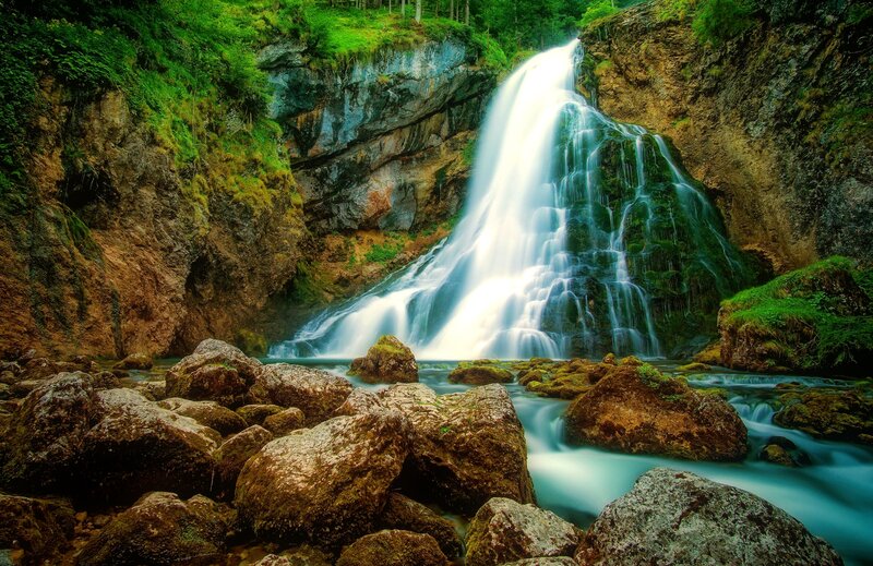 Waterfall in Forest Canyon — Green, Serene, Afternoon, Photograph, Rocks, Trees