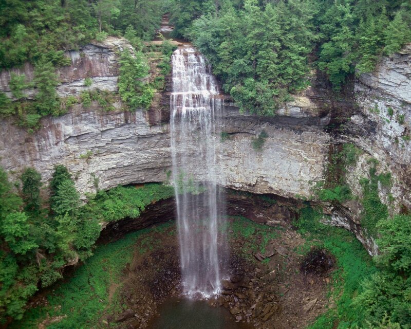 Waterfall in Forest Canyon — Green, Serene, Afternoon, Photograph, Trees, Cliff