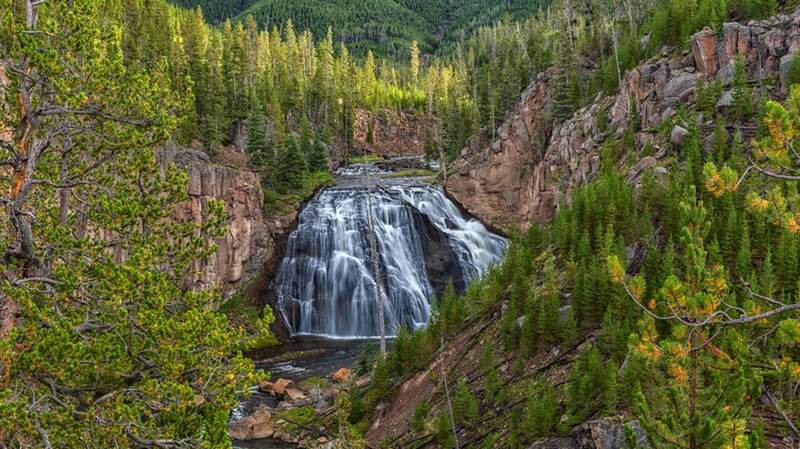 Waterfall in Forest Canyon — Green, Serene, Afternoon, Photograph, Trees, Rocks, River