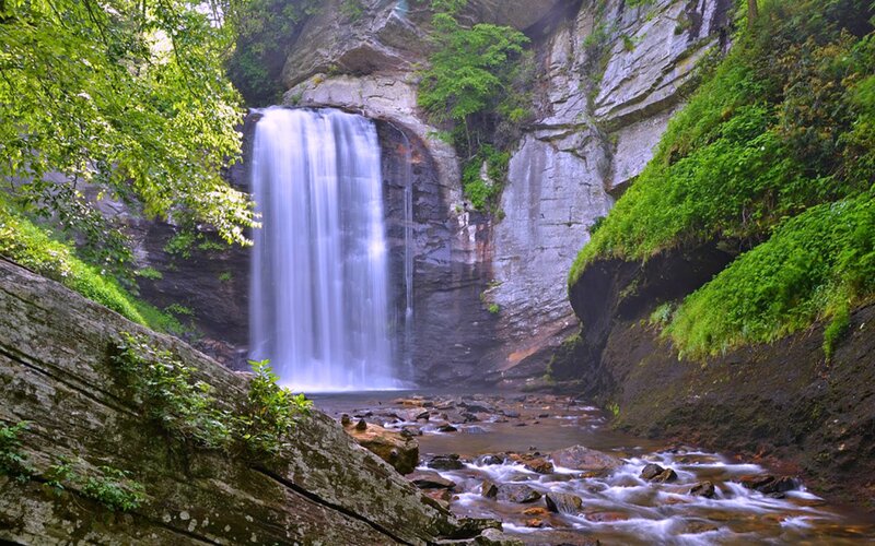 Waterfall in Forest Canyon — Green, Serene, Afternoon, Photograph, Trees, Rocks