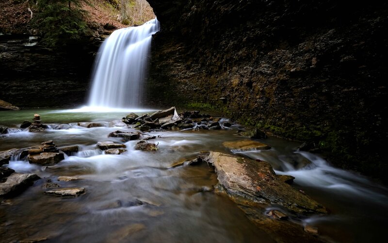 Waterfall in Forest Canyon — Green, Serene, Autumn, Photograph, Rocks
