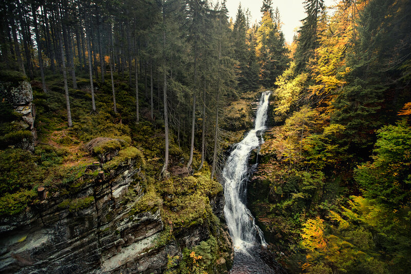 Waterfall in Forest Canyon — Green, Serene, Autumn, Photograph, Trees, Rocks