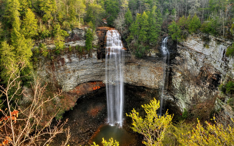 Waterfall in Forest Canyon — Green, Serene, Autumn, Photograph, Trees