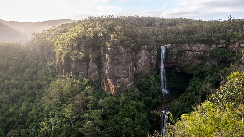 Waterfall in Forest Canyon — Green, Serene, Morning, Photograph, Cliff