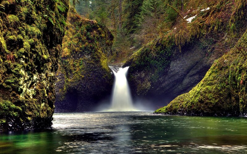 Waterfall in Forest Canyon — Green, Serene, Morning, Photograph, Mossy Rocks, River