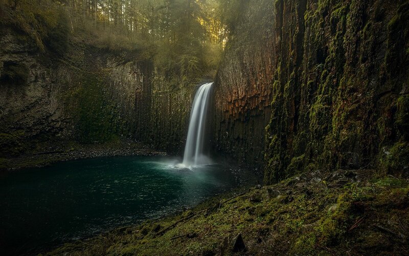 Waterfall in Forest Canyon — Green, Serene, Morning, Photograph, Pool