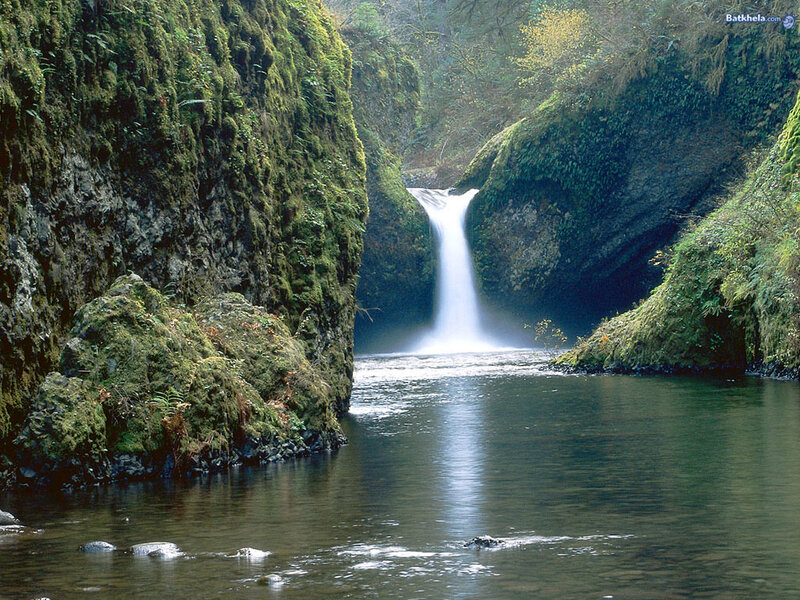 Waterfall in Forest Canyon — Green, Serene, Morning, Photograph, River, Moss