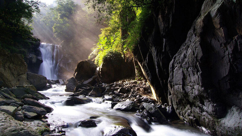 Waterfall in Forest Canyon — Green, Serene, Morning, Photograph, River, Rocks, Trees, Sunlight