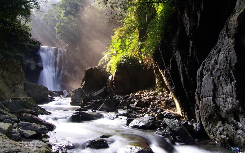 Waterfall in Forest Canyon — Green, Serene, Morning, Photograph, River, Rocks, Trees