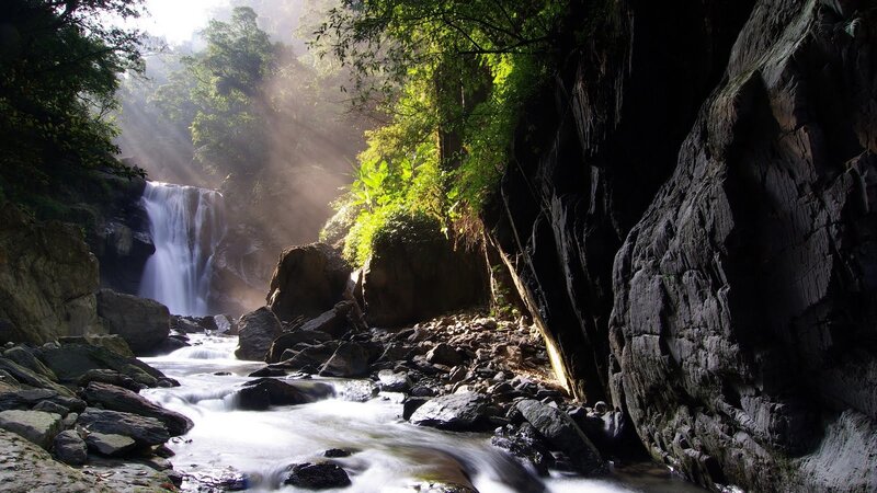 Waterfall in Forest Canyon — Green, Serene, Morning, Photograph