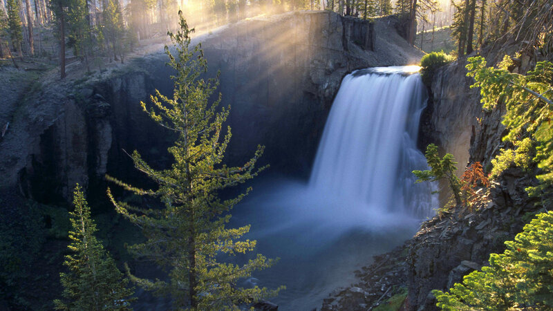 Waterfall in Forest Canyon — Green, Serene, Morning, Photograph, Trees, Rocks, Sunlight