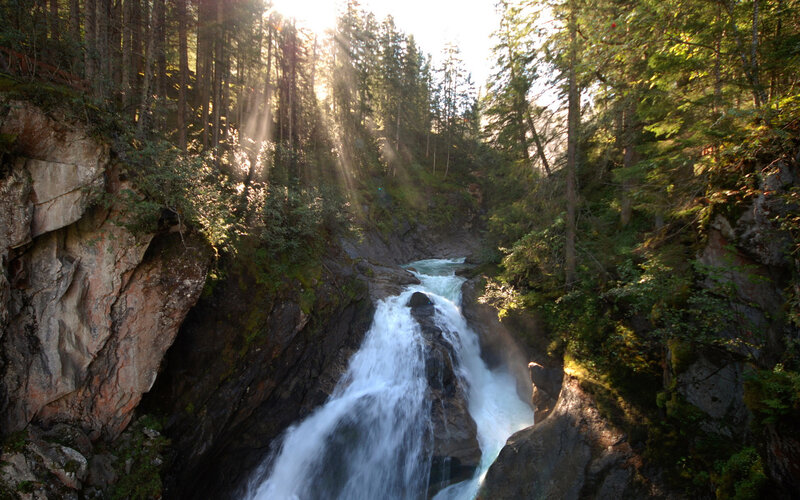 Waterfall in Forest Canyon — Green, Serene, Morning, Photograph, Trees, Rocks