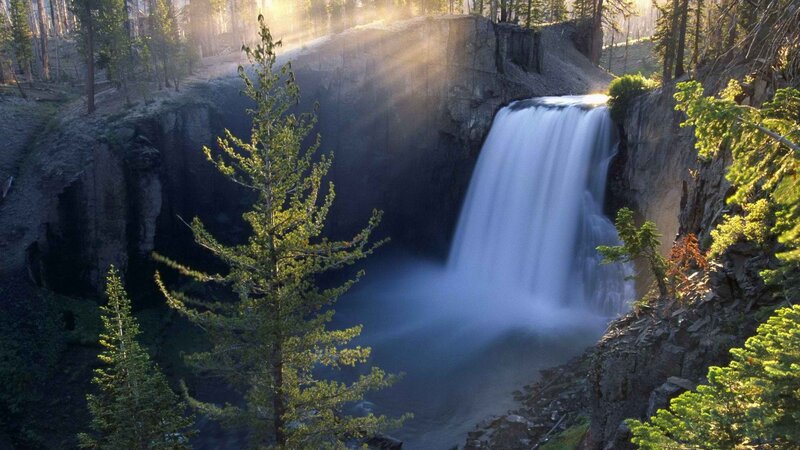 Waterfall in Forest Canyon — Green, Serene, Morning, Photograph, Trees, Sunlight, Blue, Gray