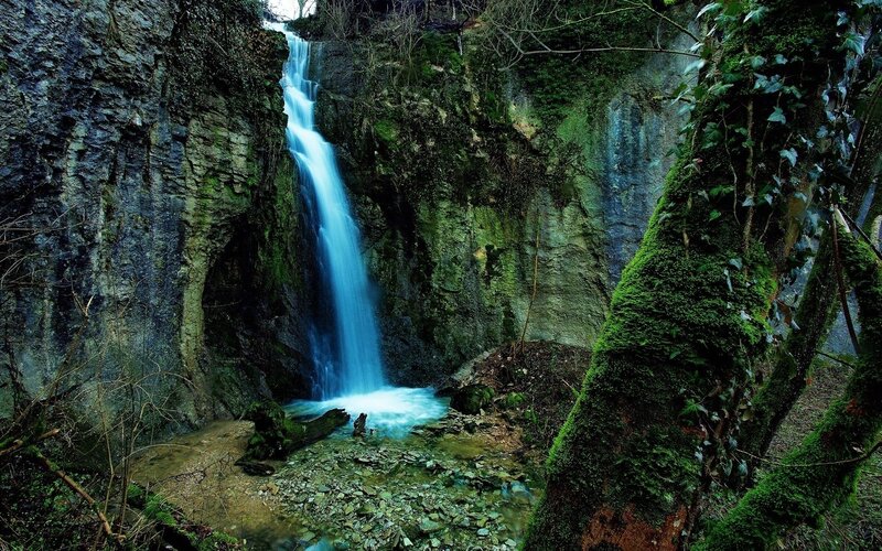 Waterfall in Forest Canyon — Green, Serene, Photograph, Moss, Trees, Rocks, Blue, Gray
