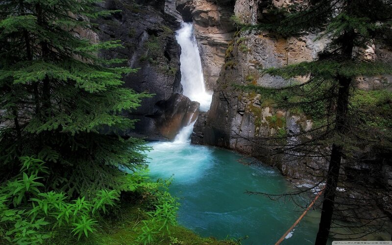 Waterfall in Forest Canyon — Green, Serene, Photograph, Trees