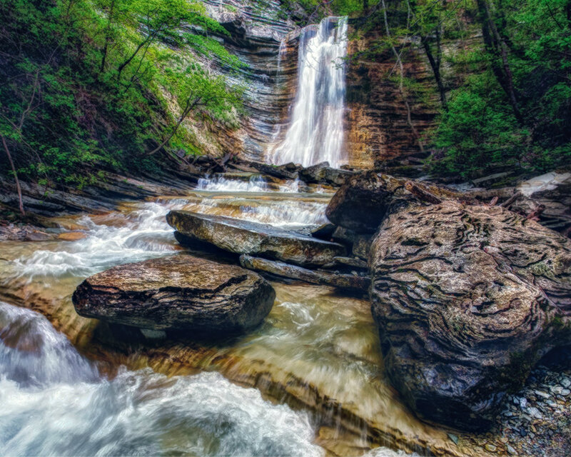 Waterfall in Forest Canyon — Green, Serene, Spring, Photograph, River